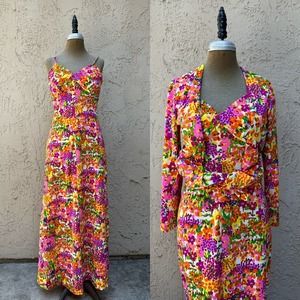 1970s vintage dress Cirette 70s set dress jacket Bohemian hippie women small